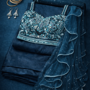 Navy Step Blouse with frill Dupatta